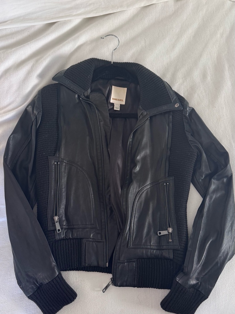 Vintage Diesel Black Leather & Knit Bomber Jacket